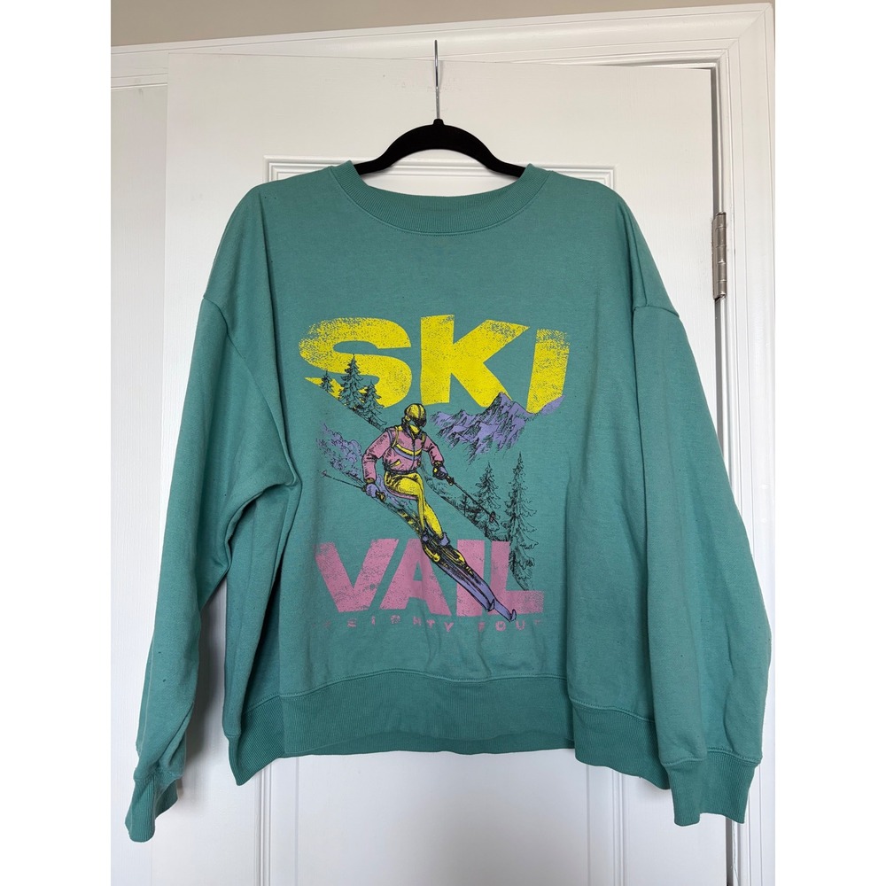 Forever 21 Ski Vail Eighty Four Graphic Sweatshirt Teal Green Large Retro Pullov